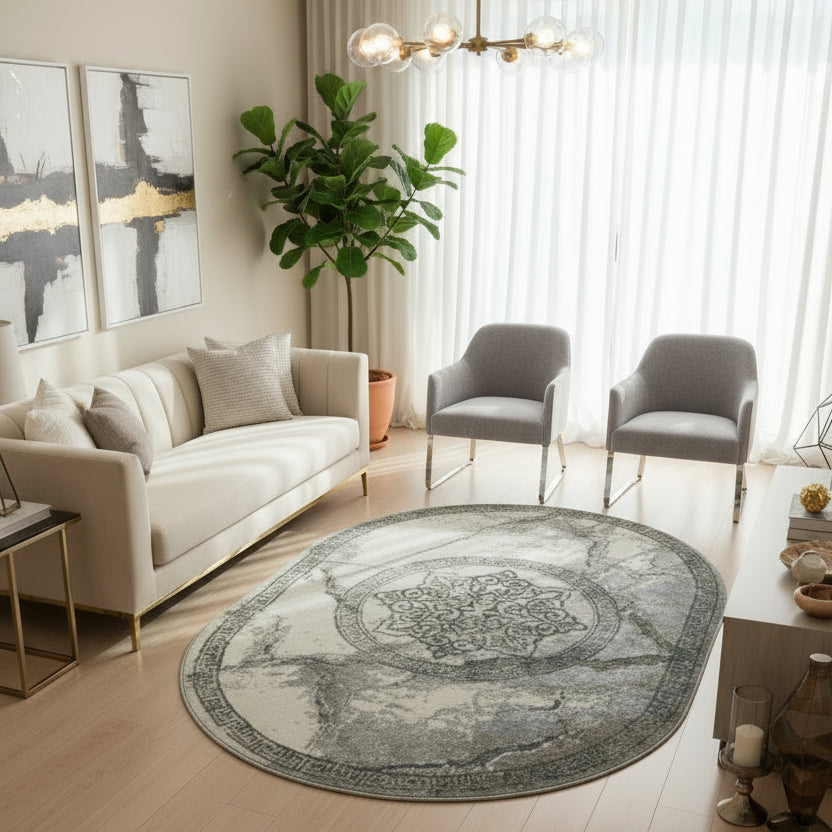 Covor Beenom, gri/alb, oval - EmaCarpets