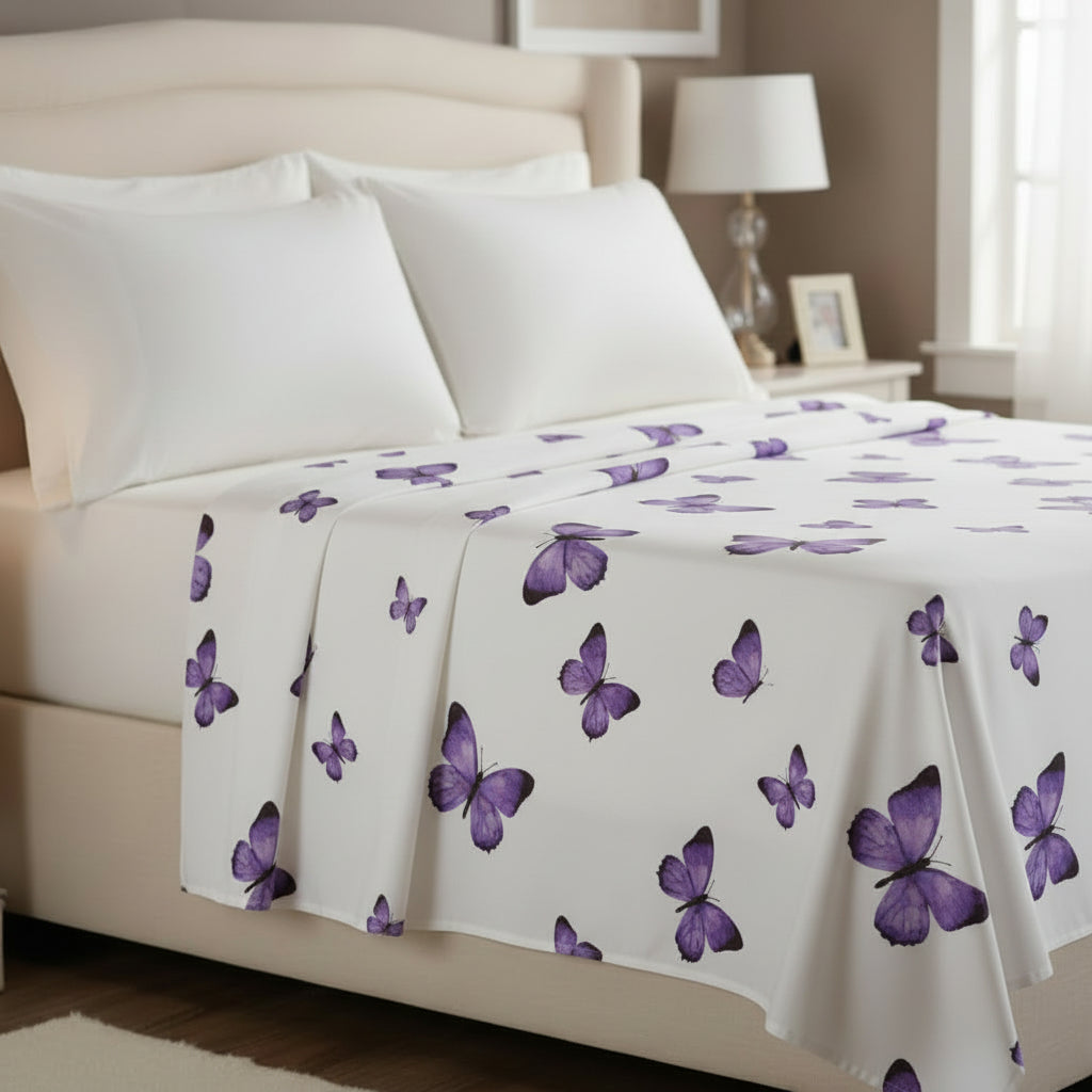 Cearceaf de Pat cu Fluturi Mov – 200x230 cm | 70% Bumbac - EmaCarpets