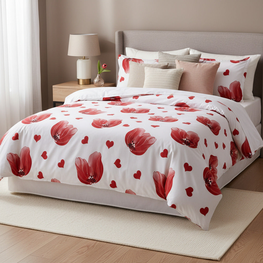 Cearceaf de Pat cu Inimi și Flori – Roșu și Alb | 200x230 cm - EmaCarpets