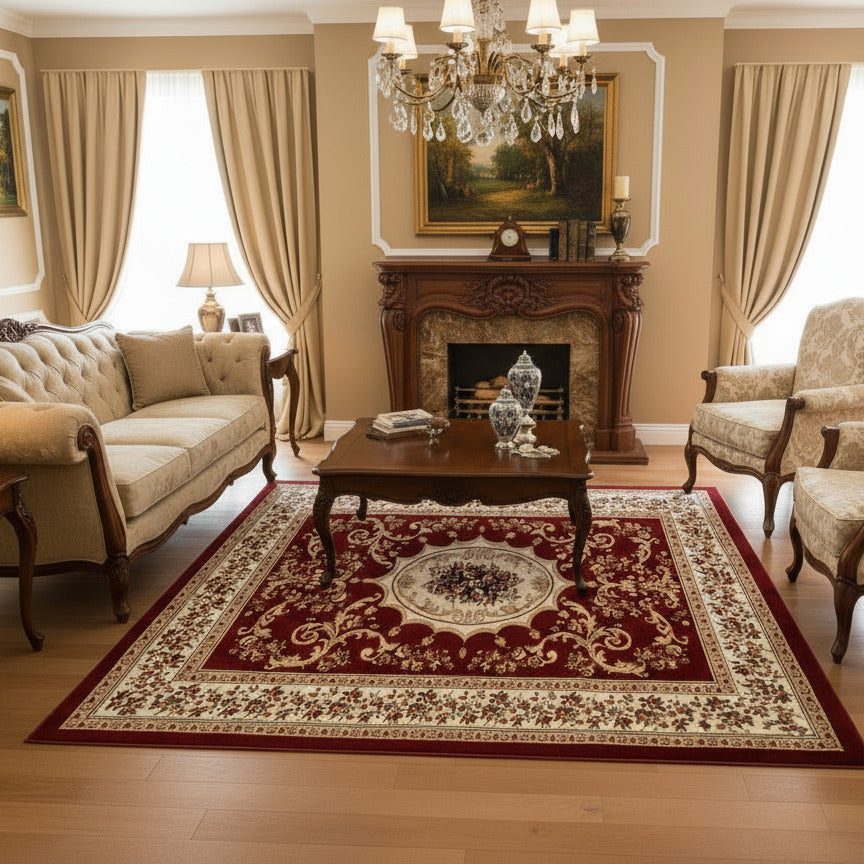 Covor clasic cu medalion, grena, dreptunghiular - EmaCarpets