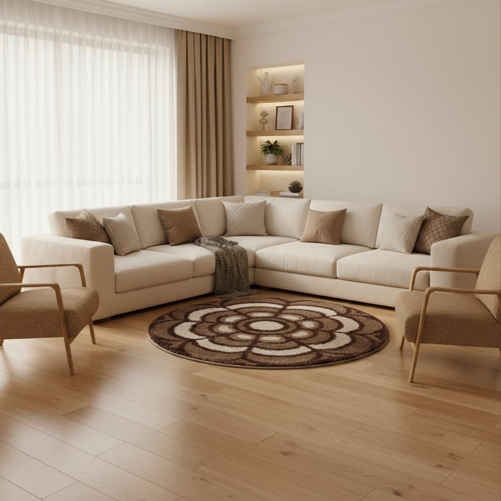 Covor floare matase 3D, bej / maro- EMA CARPETS