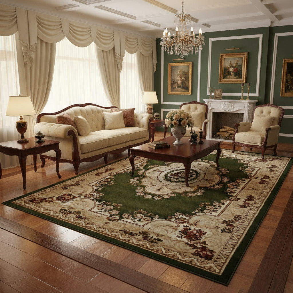 Covor clasic cu medalion, crem/verde 2-Ema Carpets