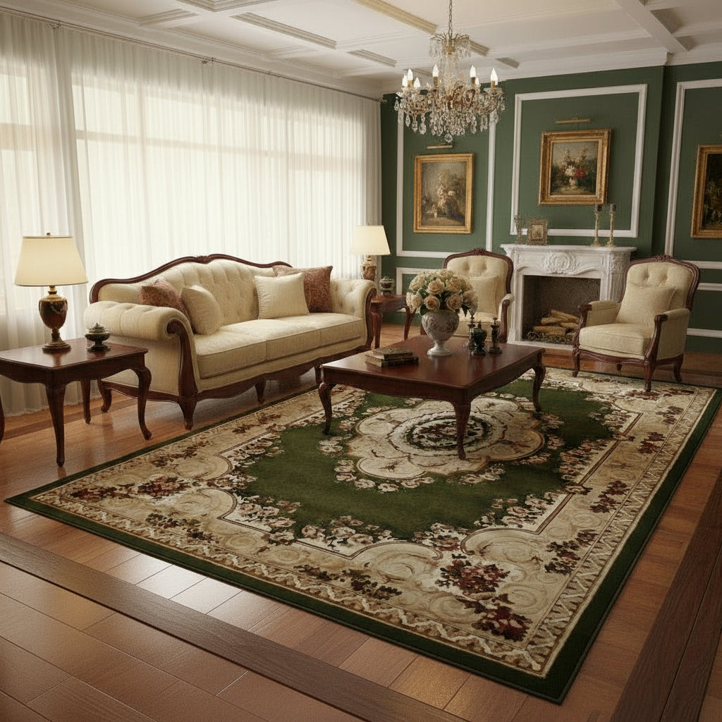 Covor clasic cu medalion, crem/verde 2-Ema Carpets