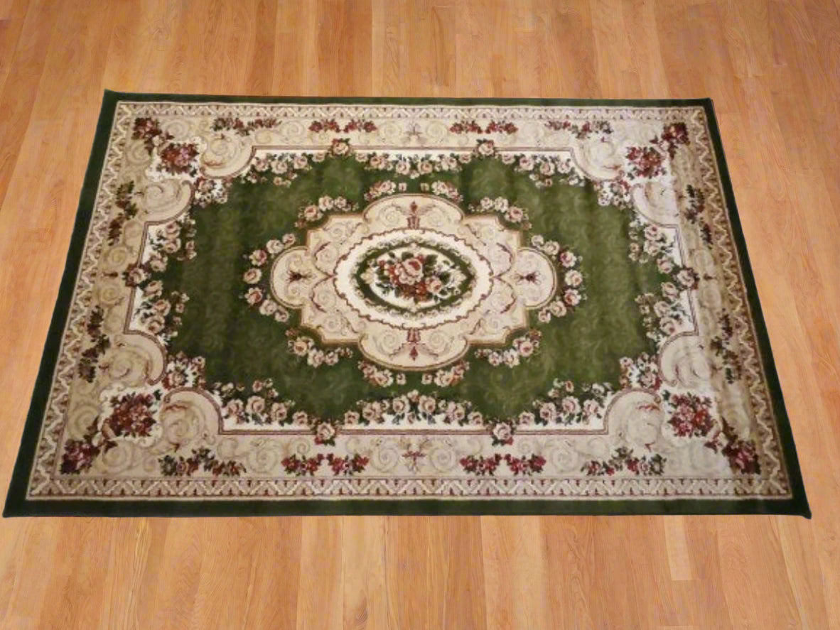 Covor clasic cu medalion, crem/verde 1-Ema Carpets