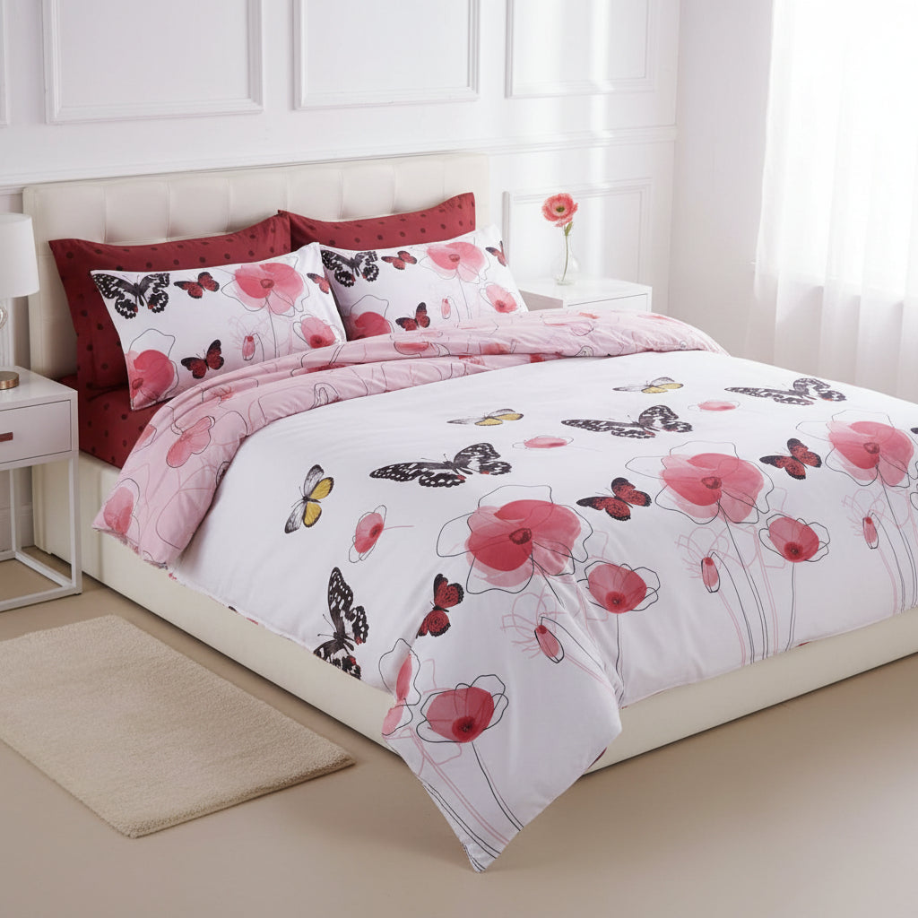 Lenjerie de Pat Florală Premium – Flori și Fluturi | Set 4 Piese - EmaCarpets