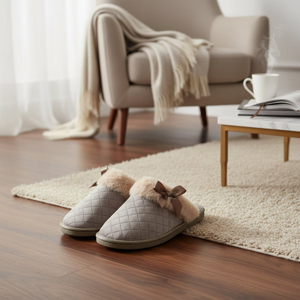 Papuci de Casa Dama din Material Textil Bej - EmaCarpets