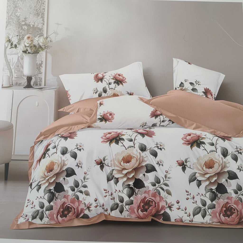 Lenjerie de Pat Finet cu Trandafiri – Roz Deschis și Crem | Set 6 Piese - EmaCarpets