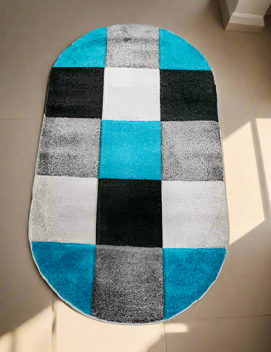 Covor Garden patrate gri/turcoaz, oval - EmaCarpets