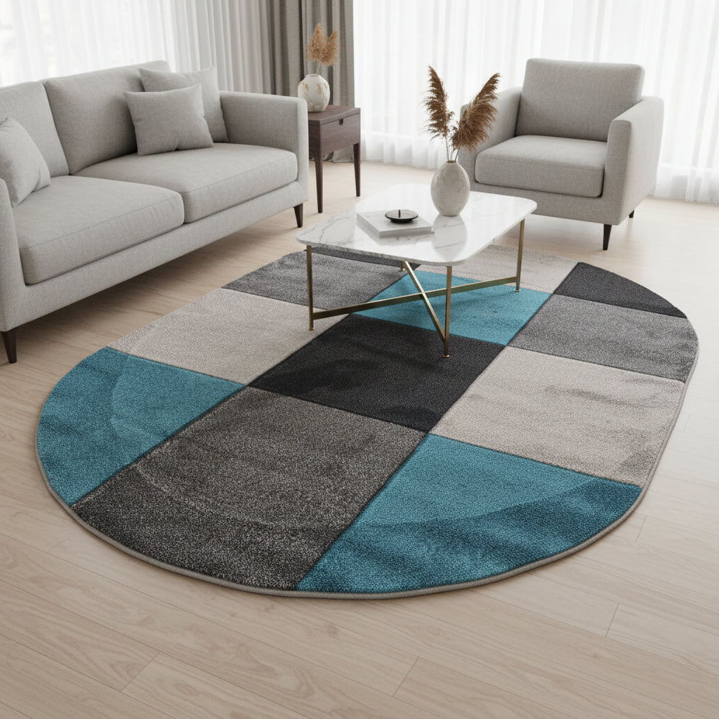 Covor Garden Oval Gri Turcoaz – Design Geometric Modern pentru Living și Dormitor