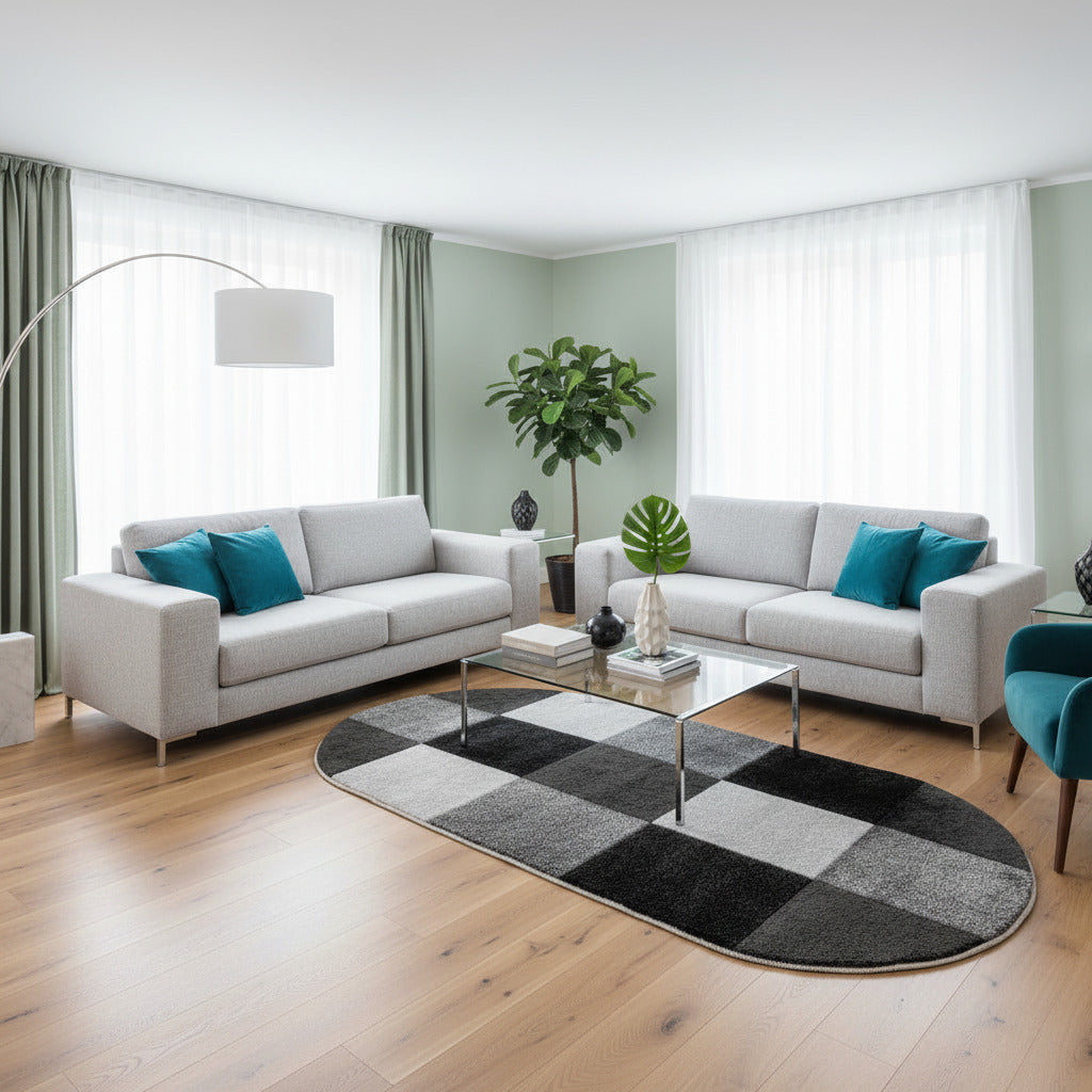 Covor Garden patrate gri/negru, oval - EmaCarpets