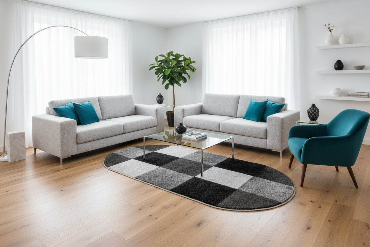 Covor Garden patrate gri/negru, oval