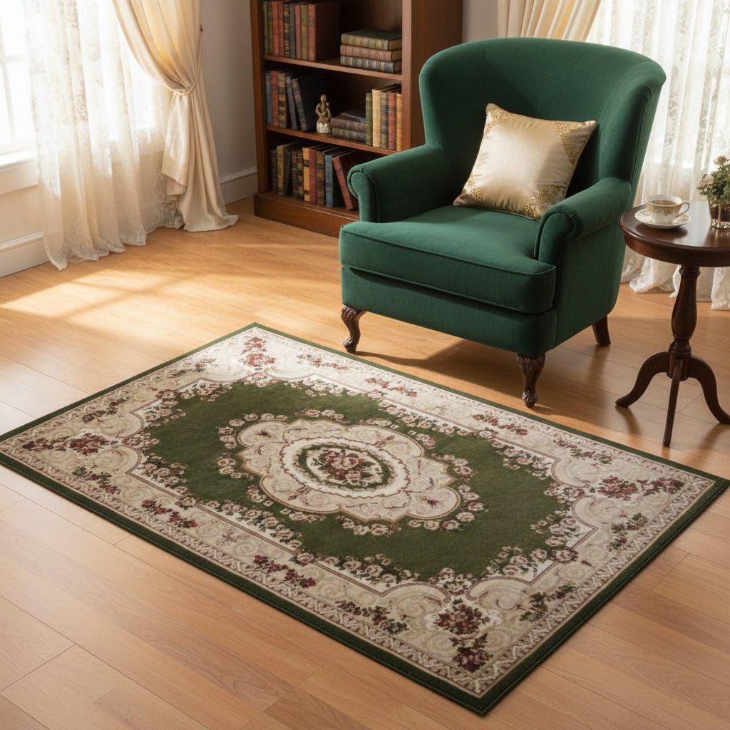 Covor clasic cu medalion, crem/verde 1-Ema Carpets