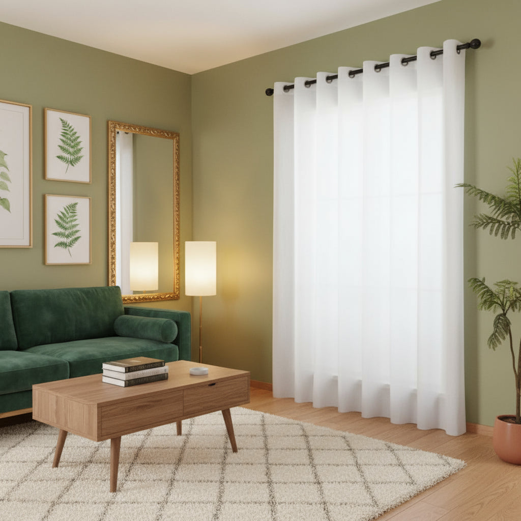 Perdea gata de montat, alb, cu inele