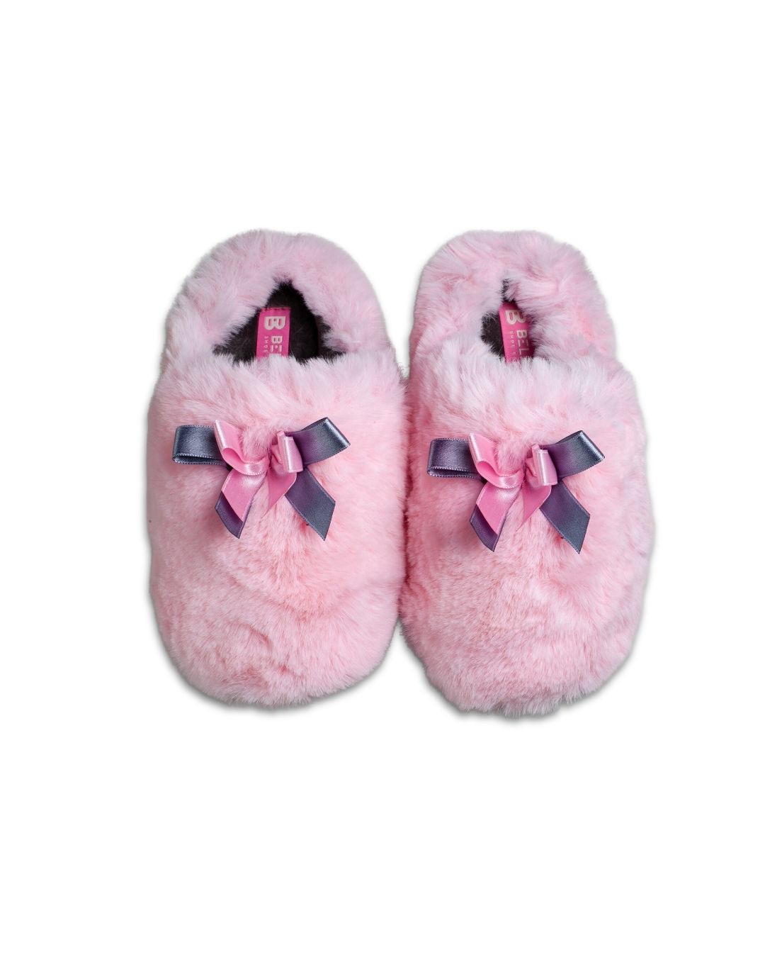Papuci de casă BELSTA din blană ecologică roz, cu vârf închis și fundițe din satin roz și gri
