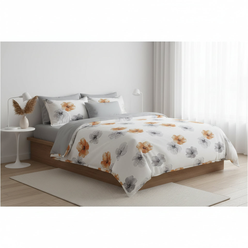 Lenjerie de Pat Florală cu Flori – Galben și Gri | Set 6 Piese - EmaCarpets