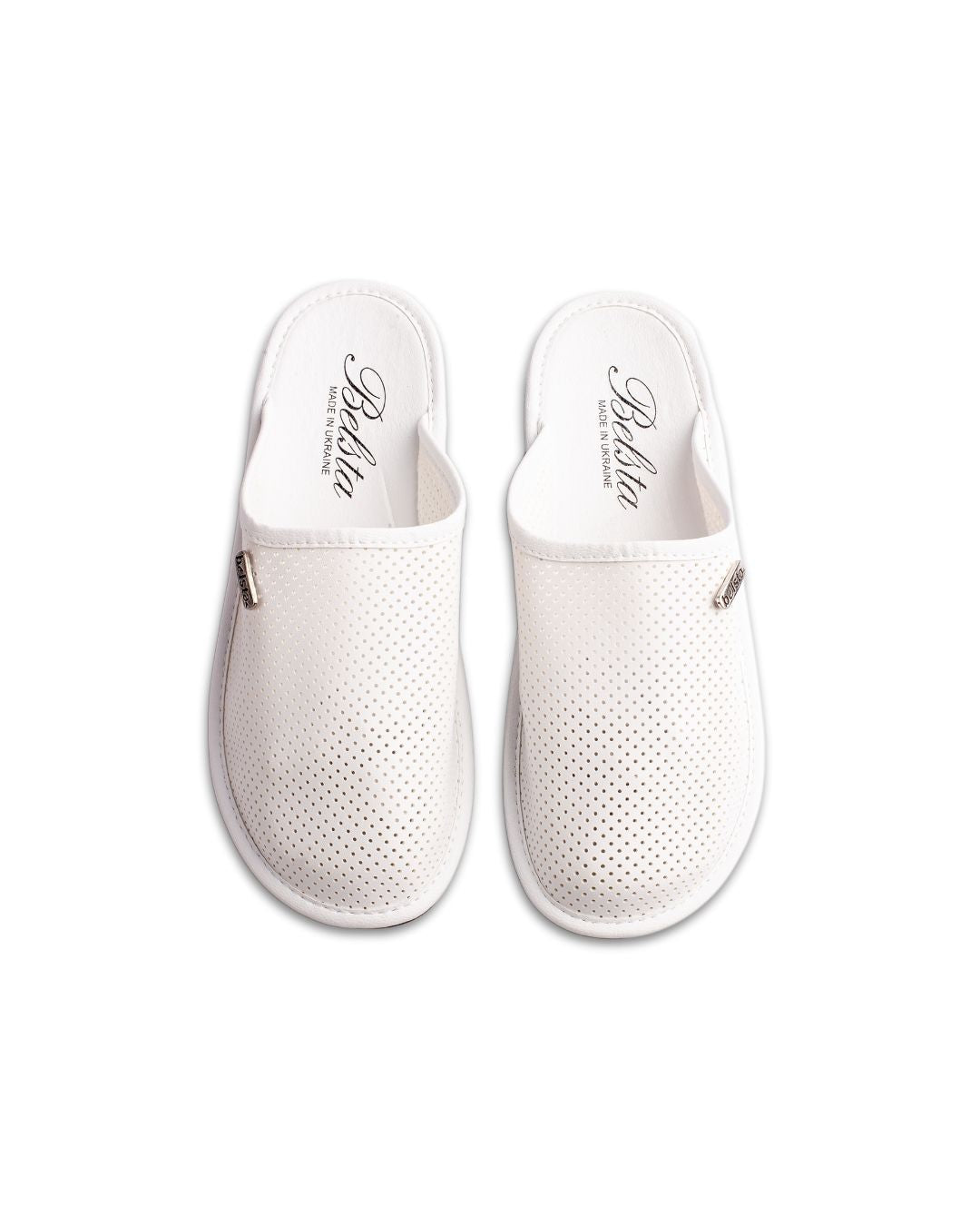 Papuci de casă  din piele ecologică albă perforată