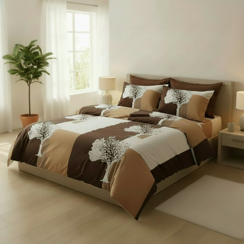 Cearceaf de Pat cu Model Pomi – Maro Deschis, Maro Închis și Crem | 220x230 cm - EmaCarpets