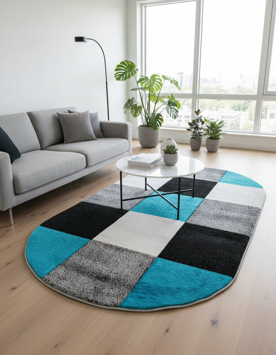 Covor Garden patrate gri/turcoaz, oval - EmaCarpets